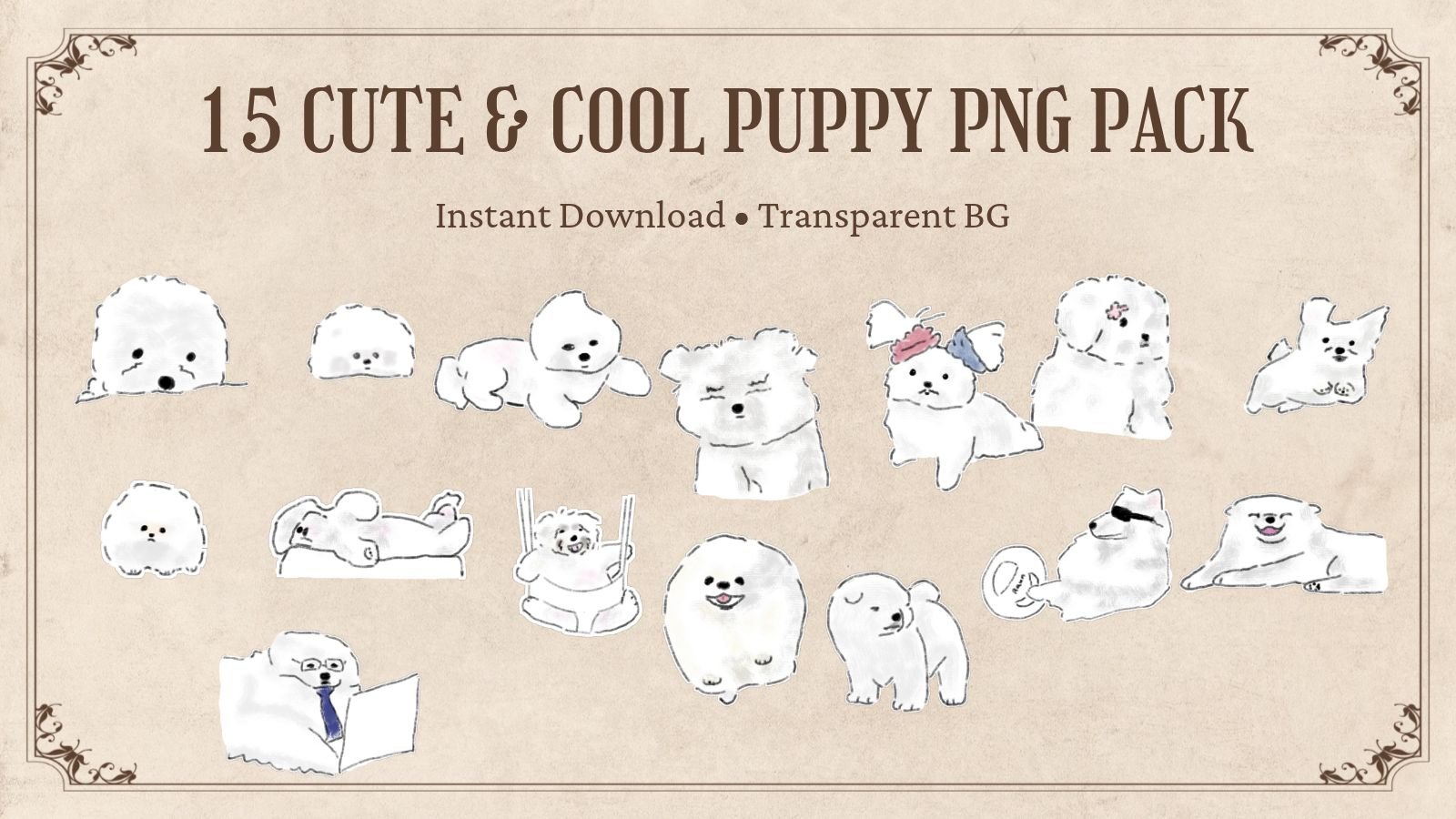 Cool & Stylish White Puppy Digital PNG Graphics Pack (15 Designs) product image (1)