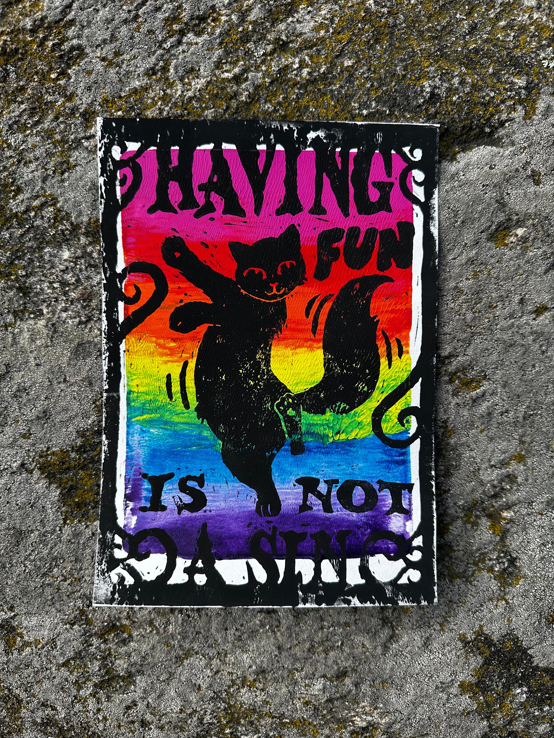HAVING FUN IS NOT A SIN dancing cat original lino print (7) product image (1)