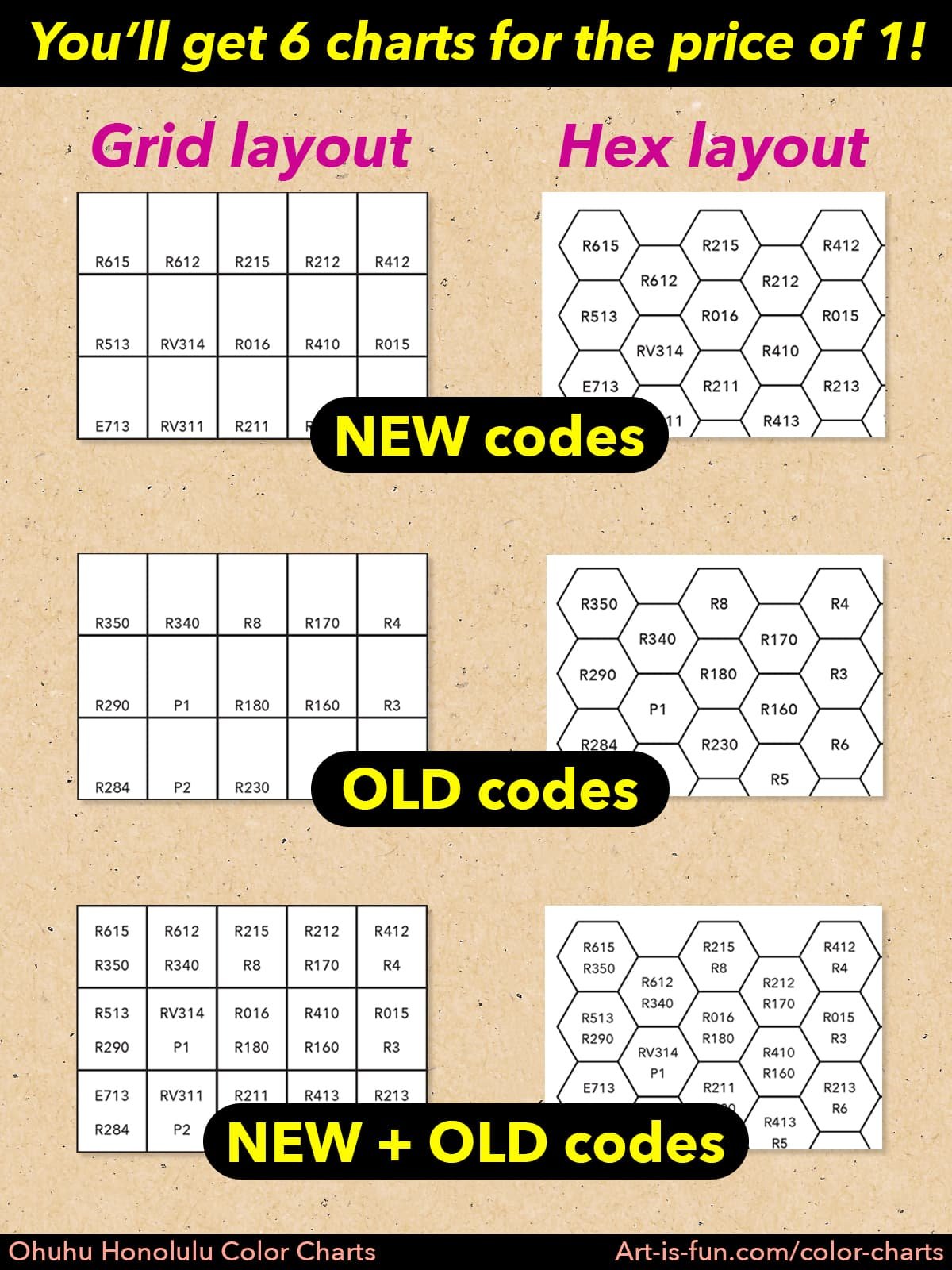 Ohuhu Color Chart - 341 Honolulu Colors (NEW + OLD) in Chromatic Order (Hex + Grid) product image (5)