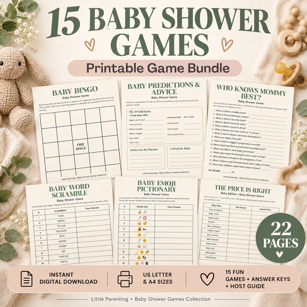 15 Baby Shower Games Printable Bundle – 22-Page Baby Shower Games PDF product image (1)