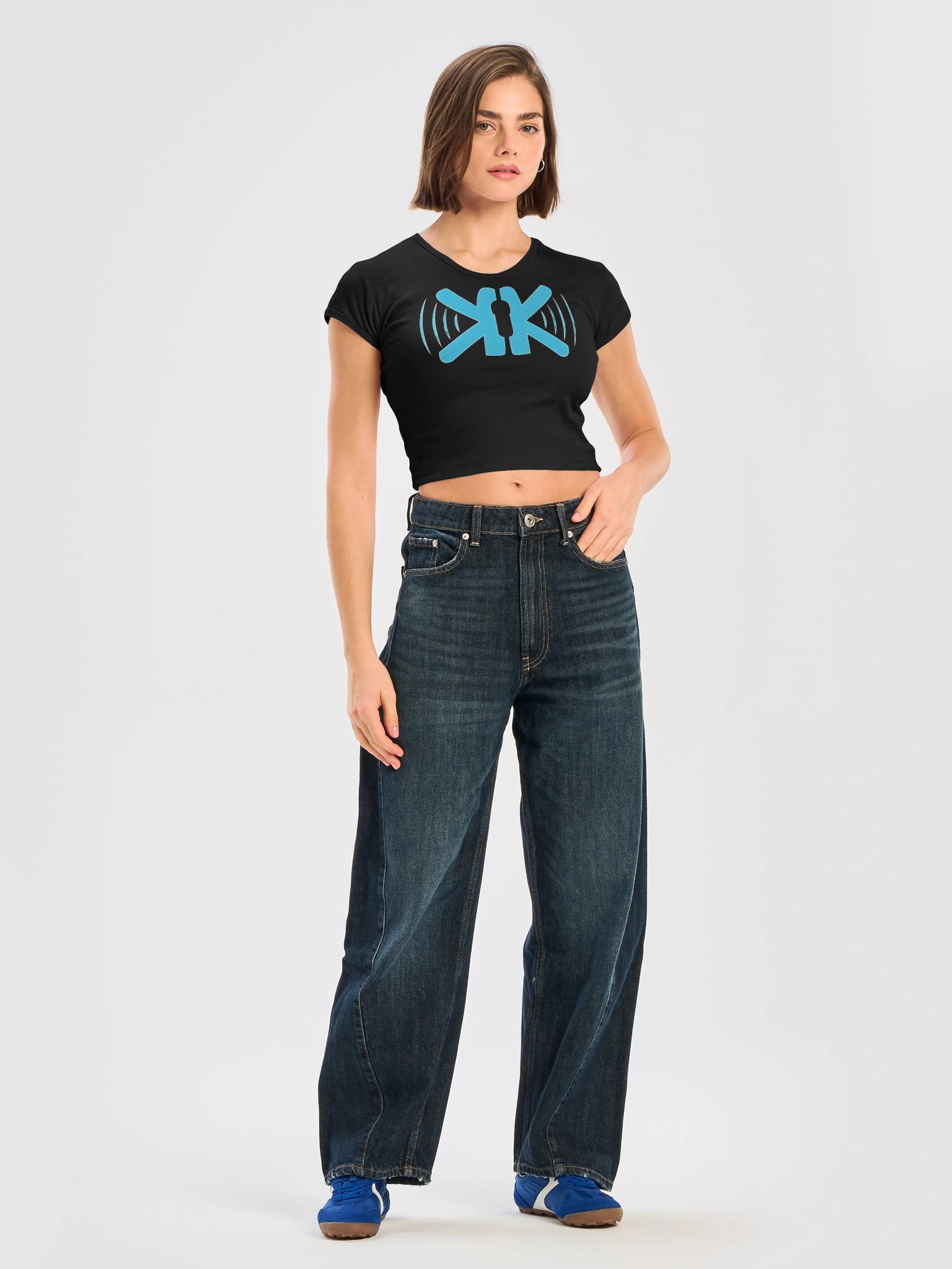 KIUK Large Cyan Logo LA Apparel Womens Ribbed Baby Tee Crop Top - White Word Logo product image (5)