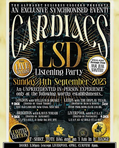 Ready for an ABSOLUTE TREAT>> SEPTEMBER 14th LSD listening PARTY PARTY PARTY @officialcardiacs @leafonboldst @itspostmusic @k...