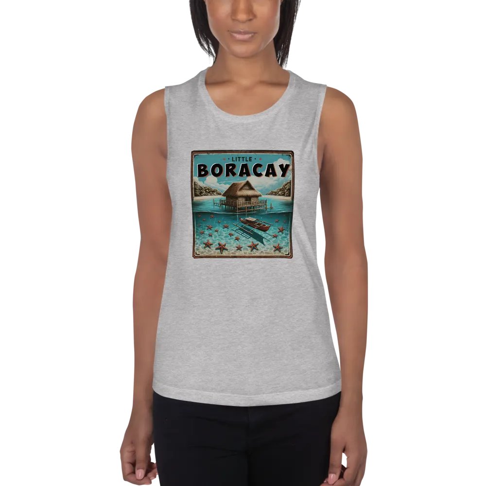 LITTLE BORACAY Womens FLOWY TANK TOP, FLOATING COTTAGE BALSA AND FILIPINO BOAT BANGKA WITH STARFISH, CALATAGAN BATANGAS product image (1)