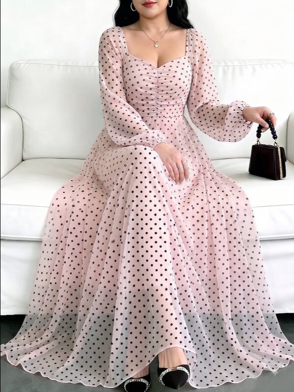 Modelyn Spring/Autumn Polka Dot Cinched Cinched Waist Elegant Fashionable Flared Long Dress Brunch Tea Party Light Pink product image (2)