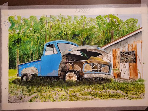 Finished piece of the blue truck I've been working on, plus the process pics all in one post. 
.
#watercolor #art #artist #truck