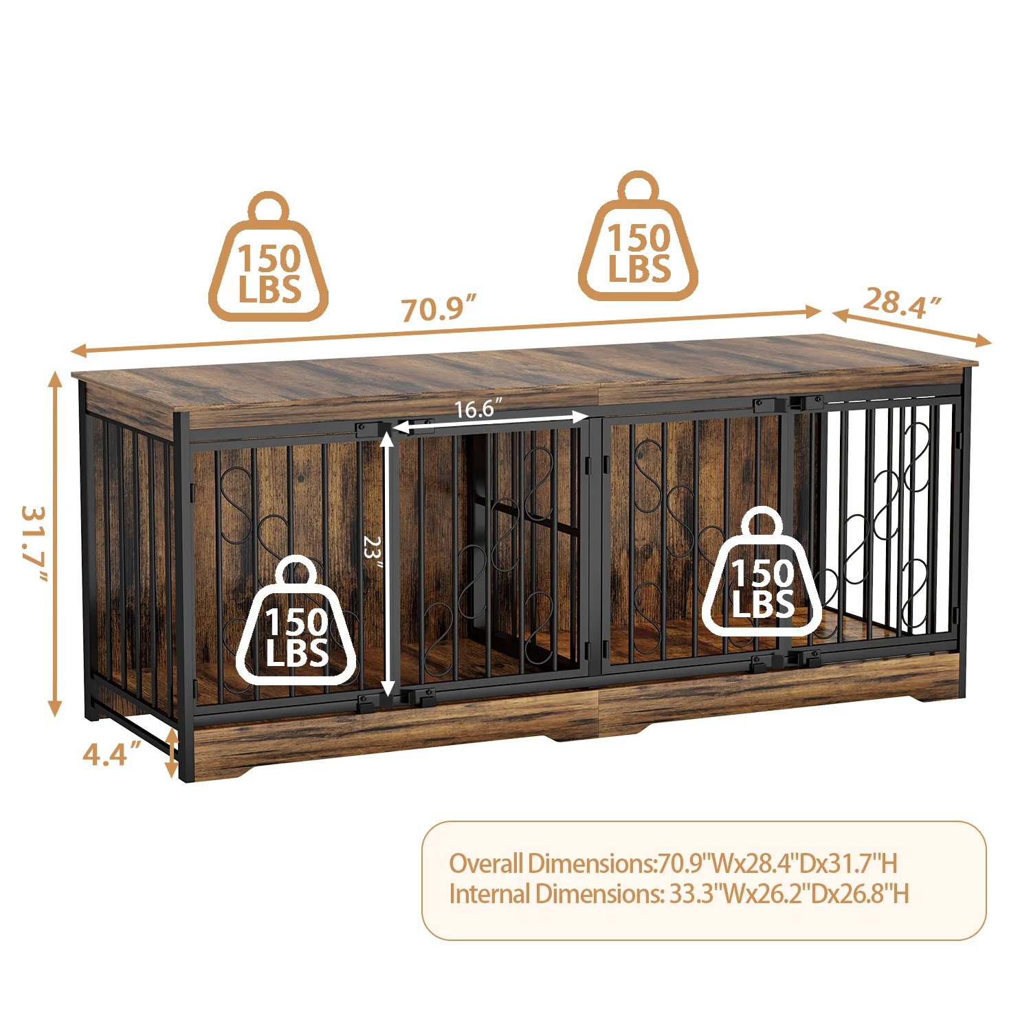 71 Inch Double Dog Crate Furniture, Extra Large Dog Kennel Indoor for 2 Dogs, Heavy Duty Wooden Dog House with Divider, Pet House Decorative as Table & TV Stand for X Large Dogs ( Brown) product image (4)