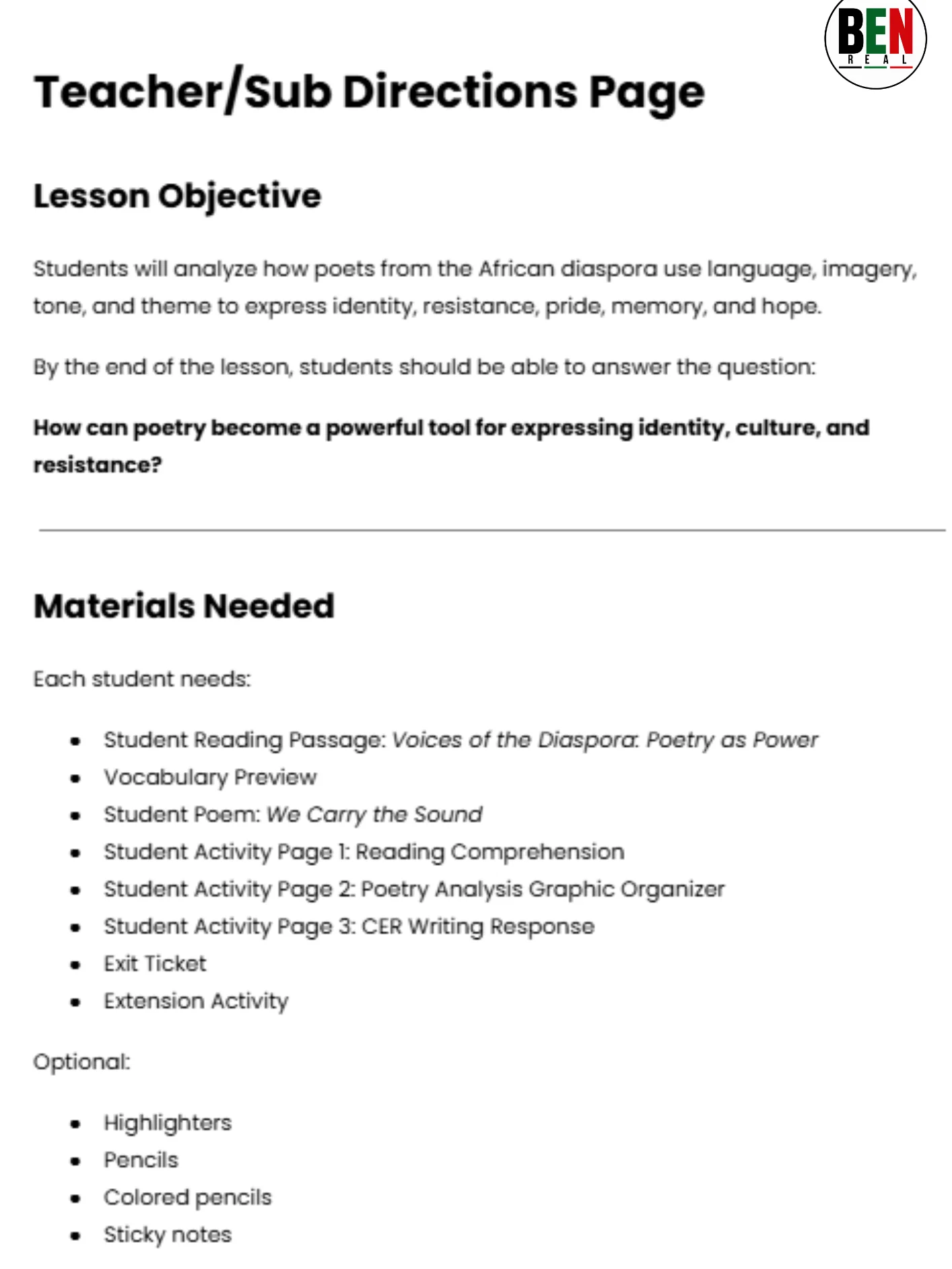 Black History 365 Sub Plan: Poetry as Power | Middle School Language Arts| 60-Minute Lesson product image (3)