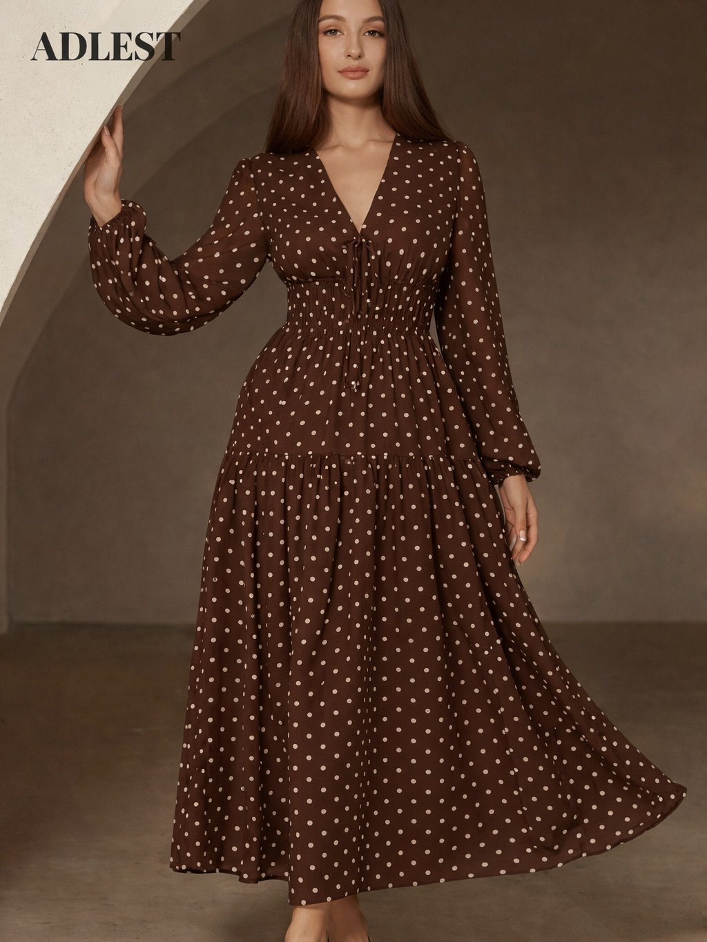 ADLEST Aveloria Rosie Vintage Polka Dot V-Neck Slimming Elegant Tie-Front Fitted Long Sleeve Chiffon Dress product image (3)