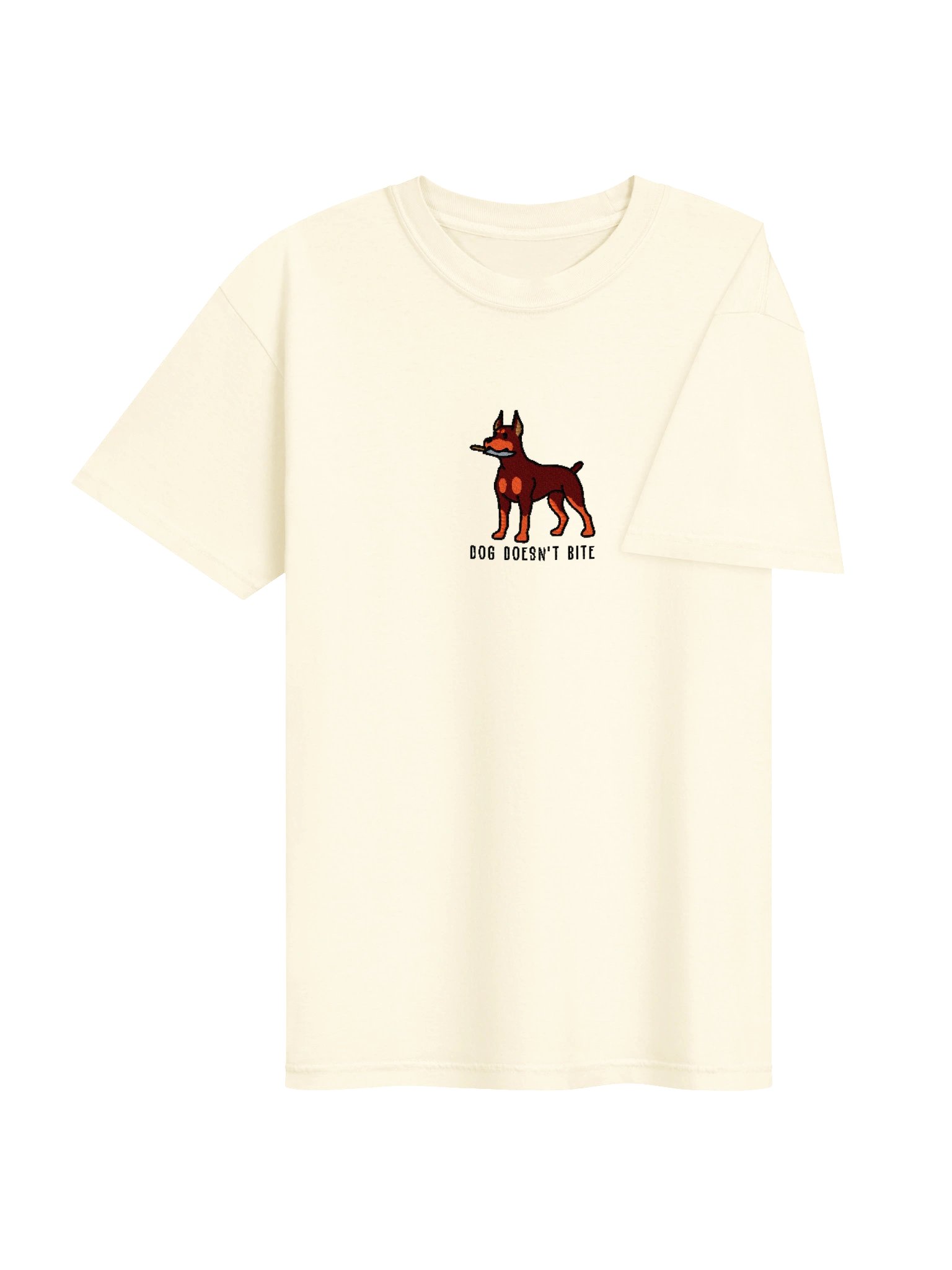 Dog Doesn't Bite Funny Chibi-Style Embroidered T-Shirt for Doberman Pinscher(Red & Tan, Cropped Ears) Owners product image (112)