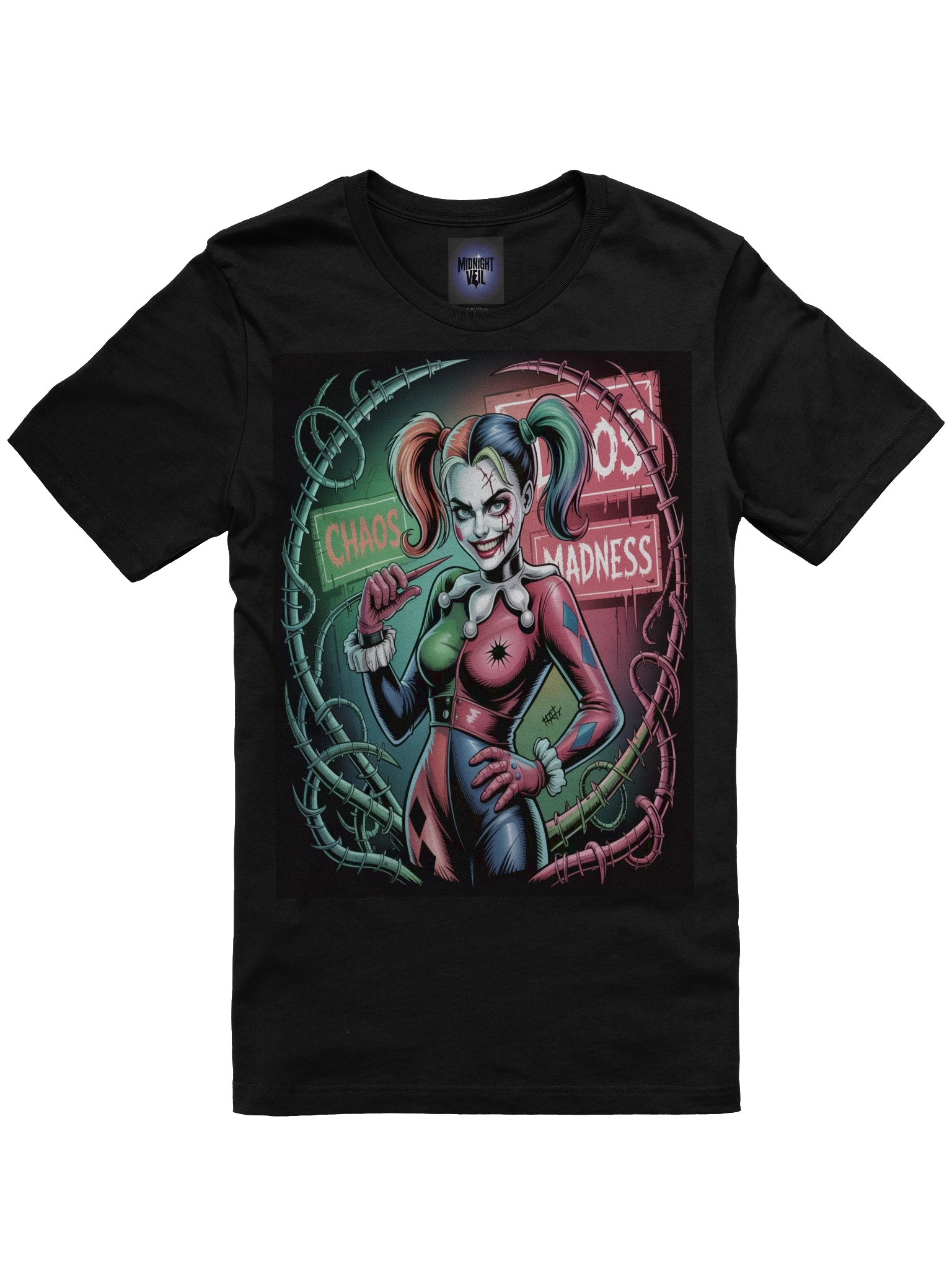 Chaos and Madness: Harley Quinn's Vine-Entwined Vortex Graphic Tee product image (3)
