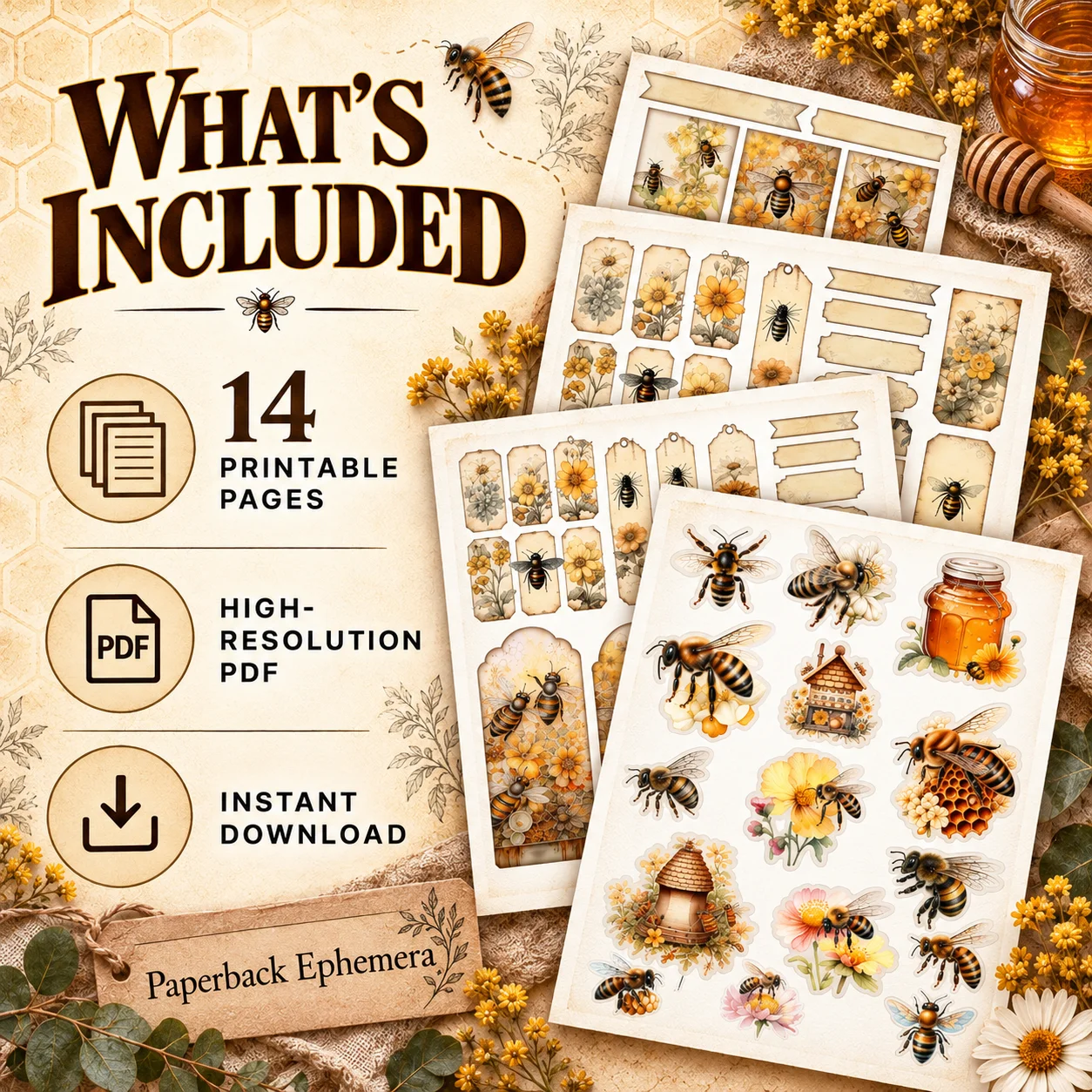 Vintage Bee & Honey Ephemera Printable PDF – 14 Pages product image (4)