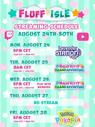 Next week schedule! We are trying to add another stream at reset on Tuesday (it might be Monday night for some of you)

Let’s...