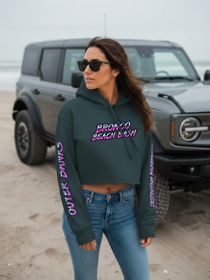 2026 Bronco Beach Bash OBX / Destination Bigfoot Bronco Collab | Bella+Canvas Fleece Women's Crop Hoodie (Multiple Colors Available) product image (1)