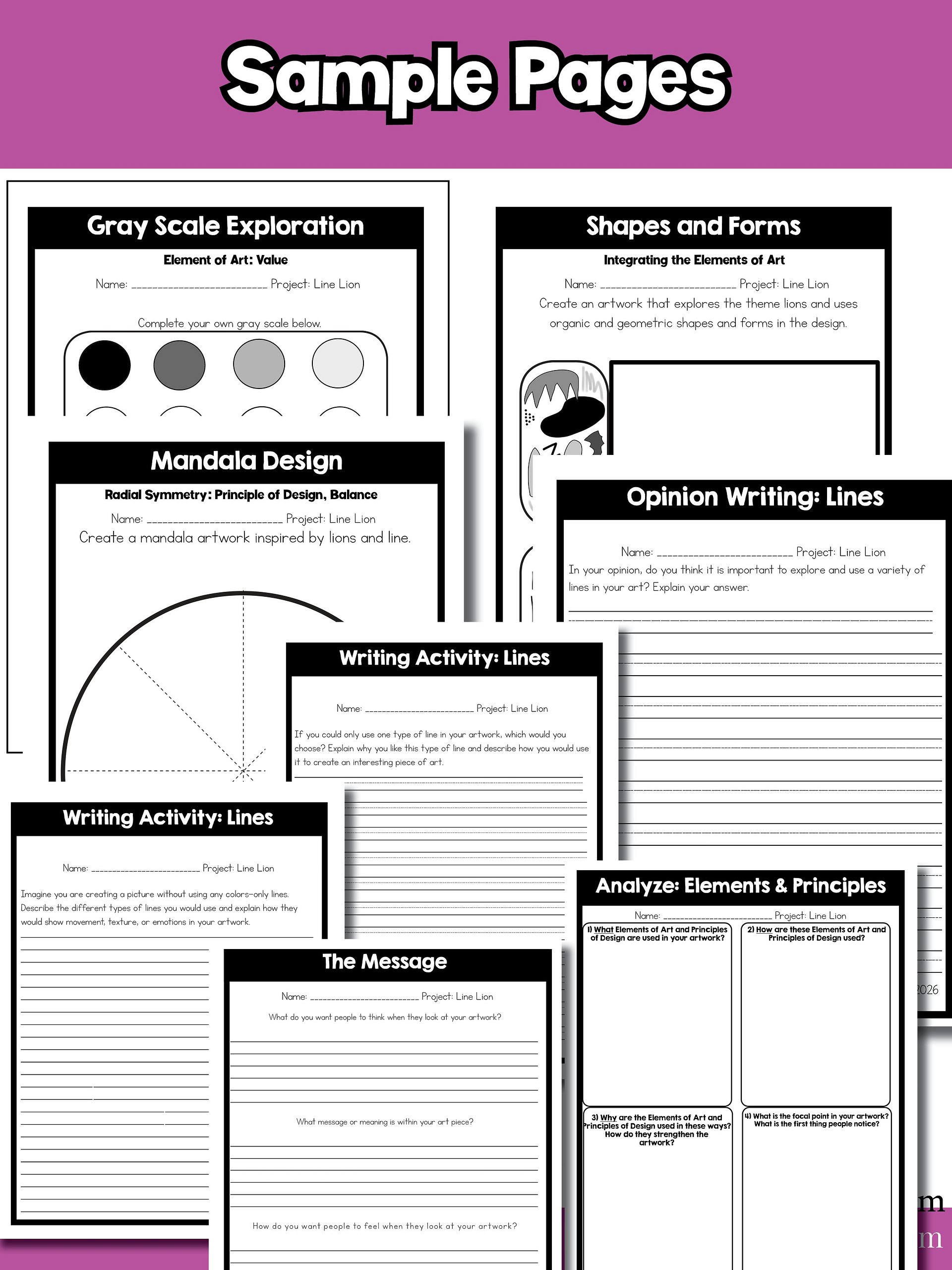 Line Art Lesson Element of Art Line 4th Grade Types of Lines Lion Art Project product image (10)