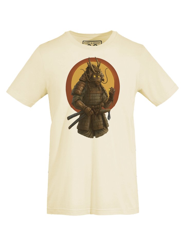 Dragon Samurai T-Shirt – Glowing Eyes, Vintage Armor, Japanese Sun Motif - by M-Art & Design product image (1)