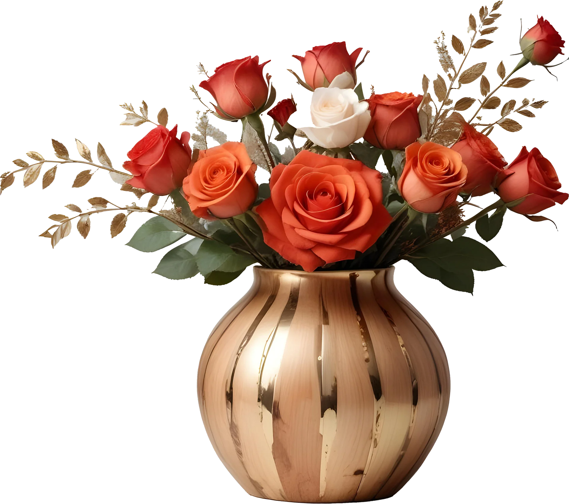 Elegant Gold-Striped Vase with Orange and White Roses PNG product image (1)