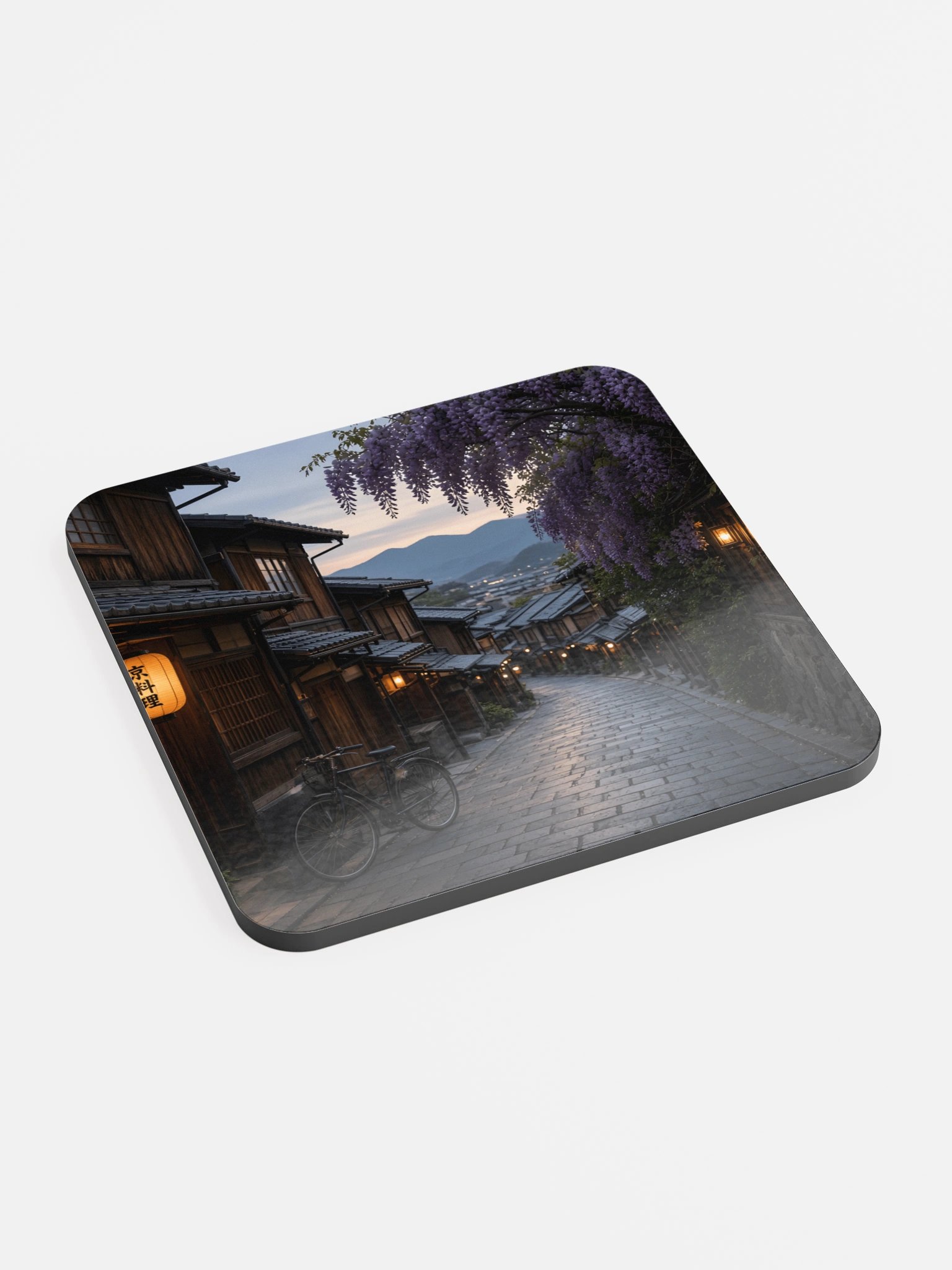 Traditional Japanese Street Wisteria Evening Glossed Cork Coaster | Scenic Asian Alleyway Drink Coaster product image (2)