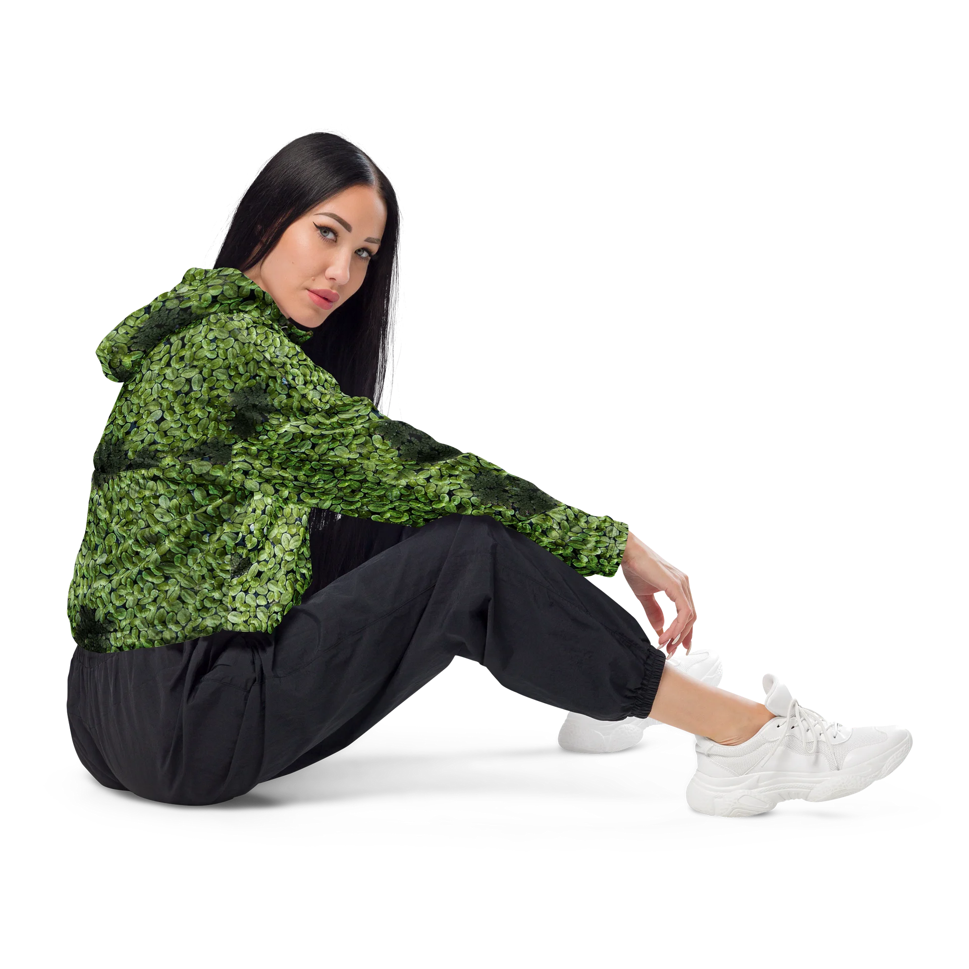 Verdant Life Dark Women's All-Over Print Lush Foliage Cropped Windbreaker product image (4)