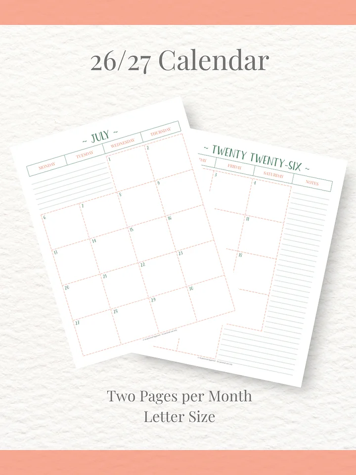 Peachy Green - 26/27 Calendar - 2 Pages per Month - Letter Size product image (1)