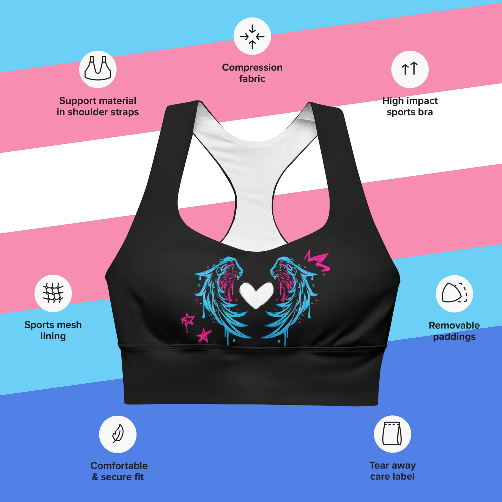 RISE Collection: Subtle Transgender Pride Phoenix Mild Compression Sports Bra product image (3)