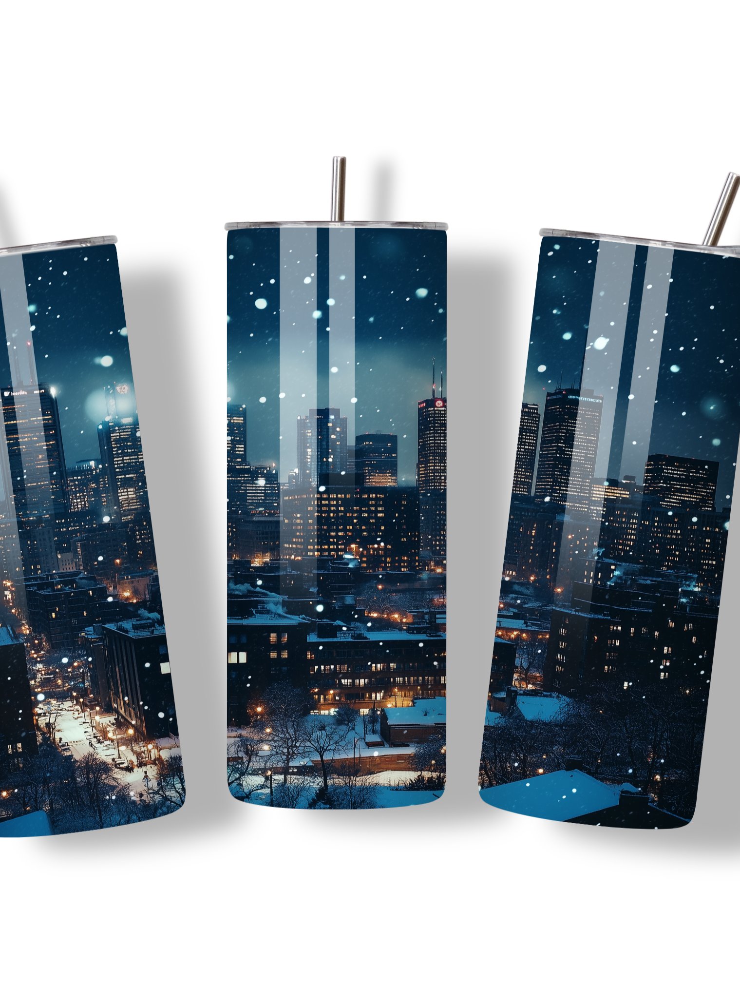 Winter City Skyline 20oz Skinny Tumbler with Metal Straw – Elegant Snowfall and Urban Design – Double-Walled Insulated Stainless Steel Tumbler, Great for City and Winter Lovers product image (3)