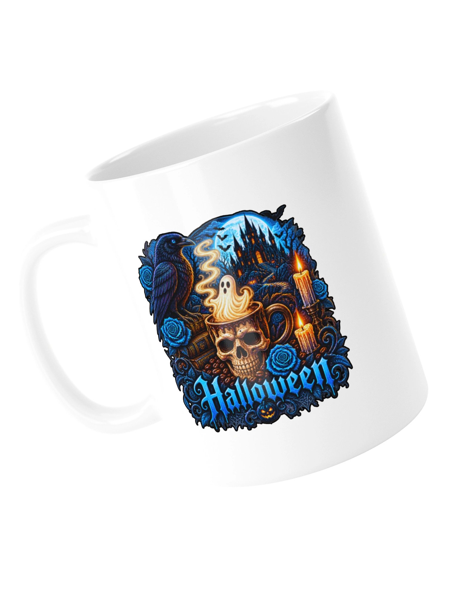 Blue Halloween Ghost Mug – Raven & Haunted Castle Coffee Cup product image (13)
