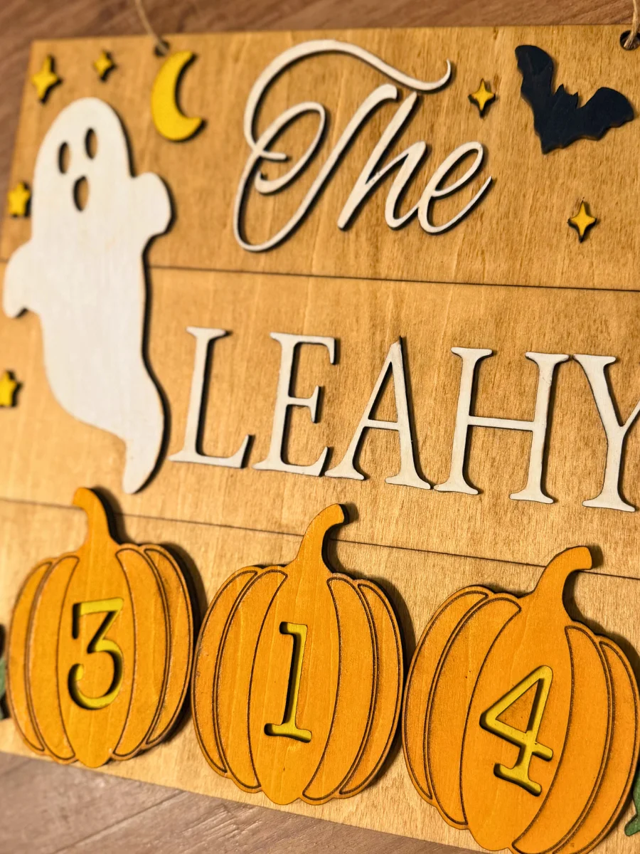Personalized Halloween Door Hanger | Custom Family Name, House Number Sign | Basswood Pumpkin Decor product image (10)