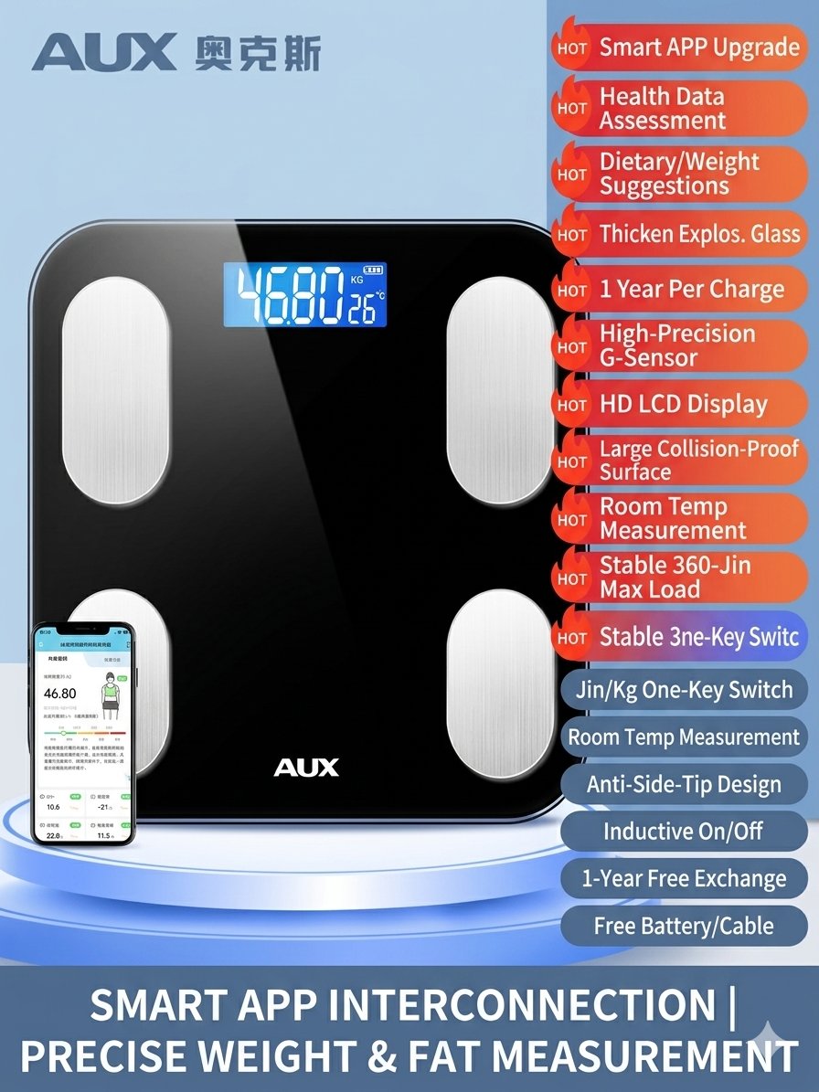 AUX Body Scale: Smart App / Digital Models, 81+ Metrics, 0.01kg High Precision, USB Rechargeable / Battery, 400lb Capacity product image (1)