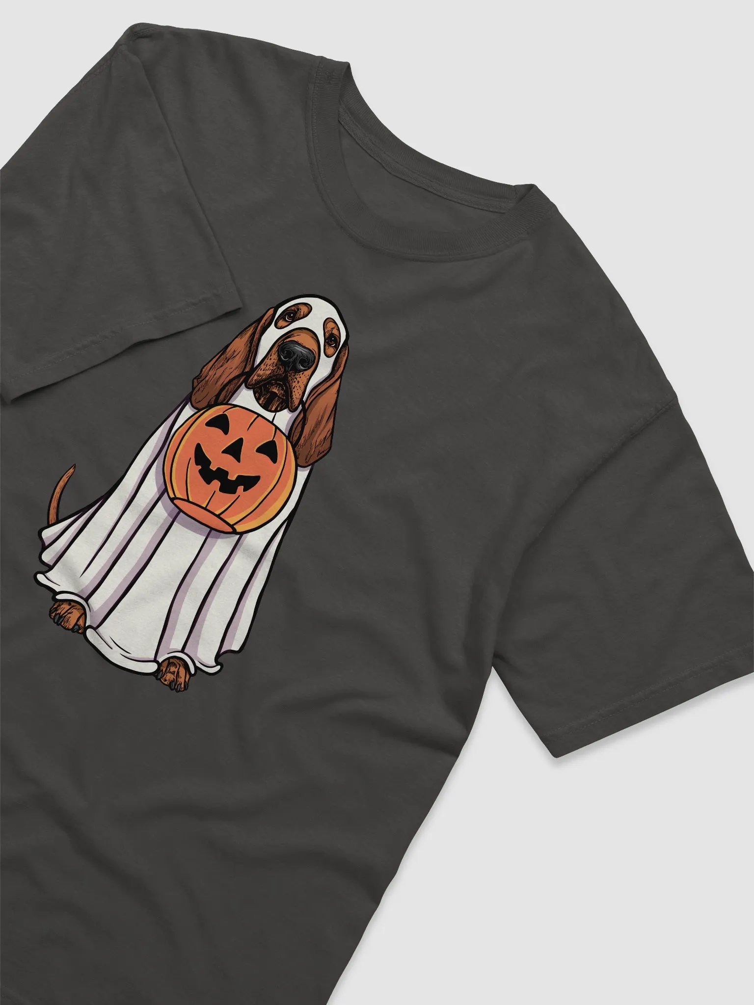Funny Halloween Bloodhound(Red) T-Shirt | Funny Bloodhound Wearing a Ghost Costume and Holding a Pumpkin Basket product image (6)