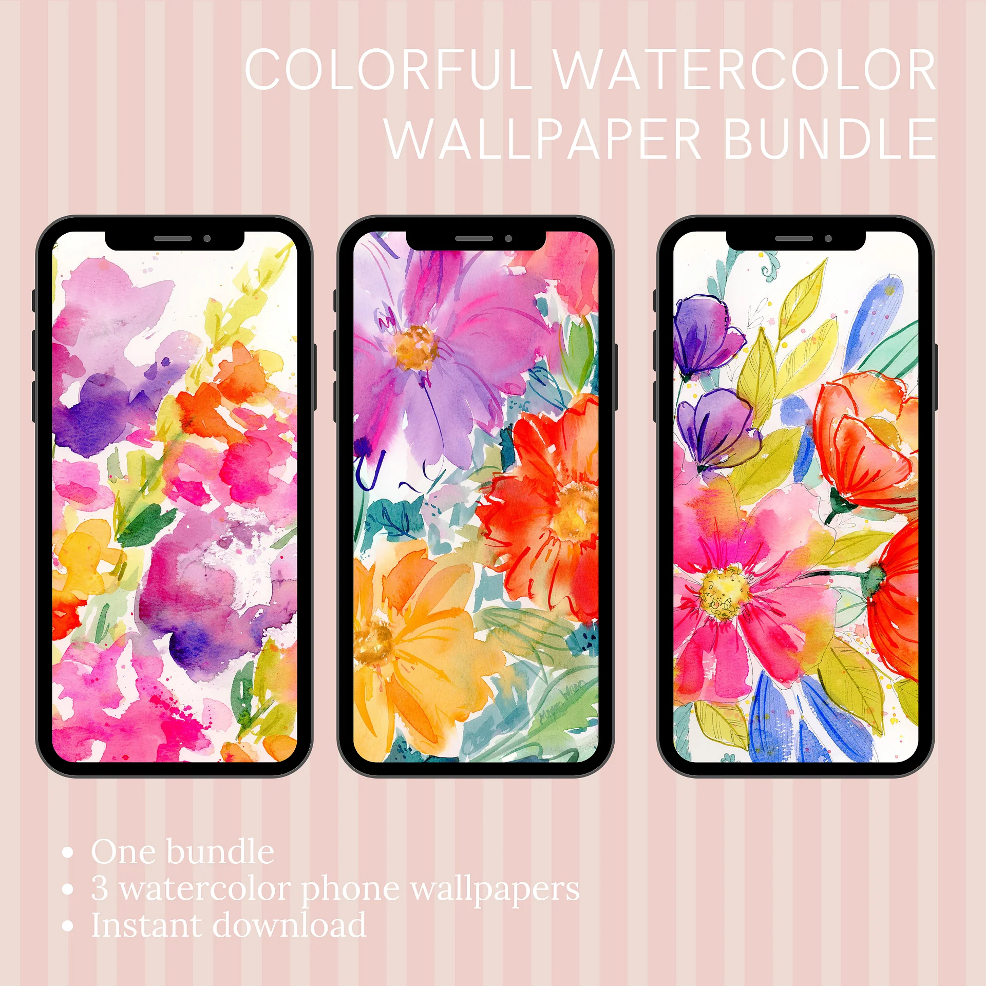 Bright Bloom Bundle - 3 Original Watercolor Phone Wallpapers product image (1)