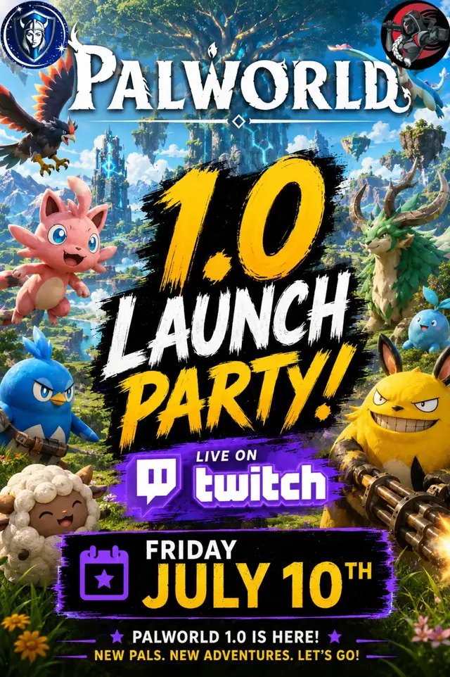 🚨 **PALWORLD 1.0 IS ALMOST HERE!** 🚨 Bri and I are beyond excited for the **Palworld 1.0** launch on **Friday, 10 July**, and we're celebrating the best way we know how... 🎉 **An EPIC Twitch launch stream!** 🎉 💙 https://www.twitch.tv/helga_blue 💙 https://www.twitch.tv/brigamesau ⏰ **Start time:** TBC (we're waiting for the game to drop!) Our goal? **Stream until we drop!** Whether that's 8 hours or 18, we're diving into everything Palworld 1.0 has to offer—and we'd love you to be part of it. 📅 Save the date, grab your snacks, and come share the hype with us! Who's joining us on Day One? 💎🎮 #Palworld #Palworld10 #Twitch #Gaming #LaunchDay   <>