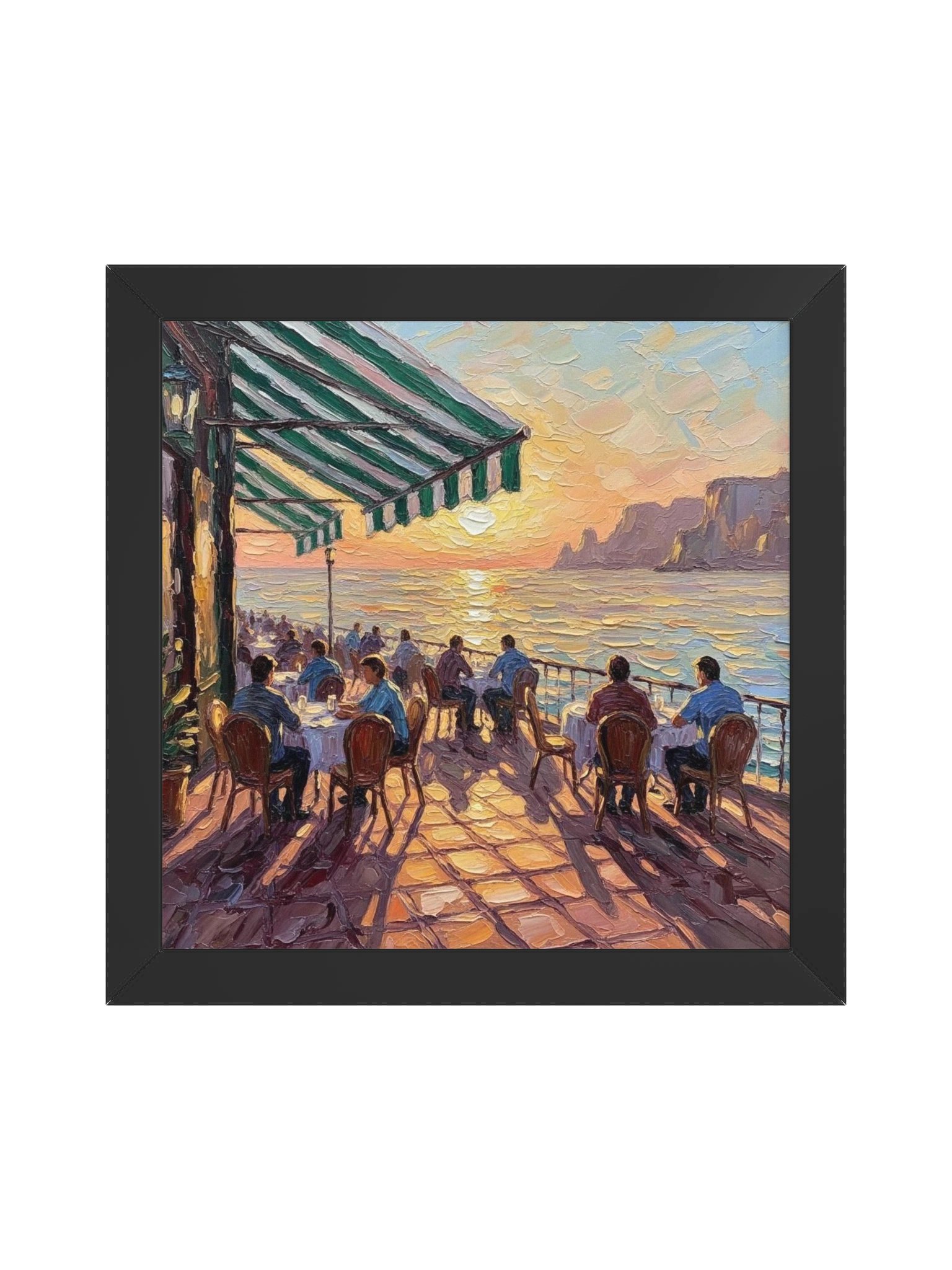 Sunset Seaside Cafe Wall Art, Impressionist Ocean Terrace Painting, Coastal Dining Decor product image (1)