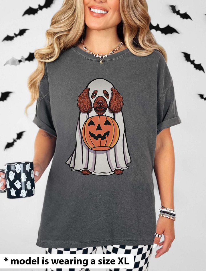 Funny Halloween Mini Poodle(Red) T-Shirt | Funny Poodle Wearing a Ghost Costume and Holding a Pumpkin Basket product image (2)