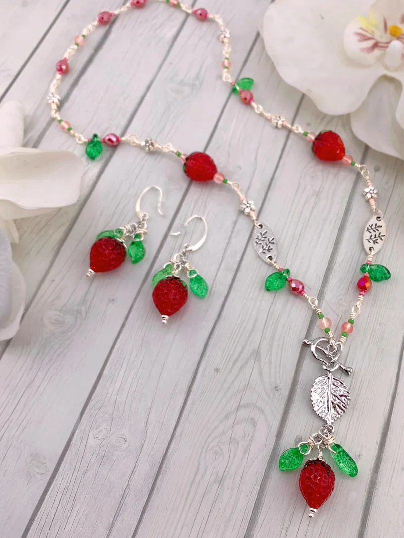 Lampwork Strawberry on Silver Leaf Toggle Necklace Set product image (5)