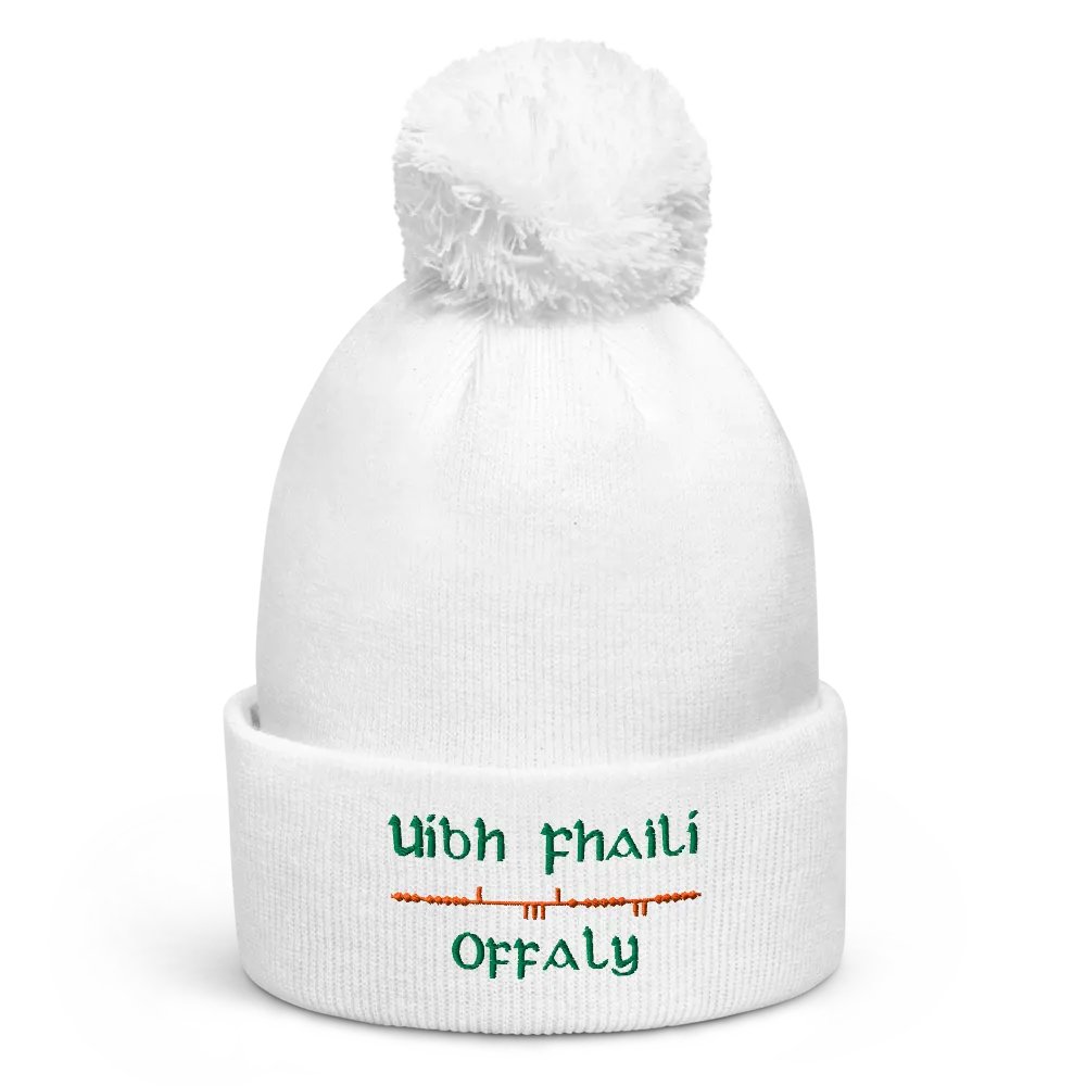 Offaly/Uíbh Fhailí Scholastic style Ogham, white with green and orange, embroidered Pom-Pom Beanie product image (1)