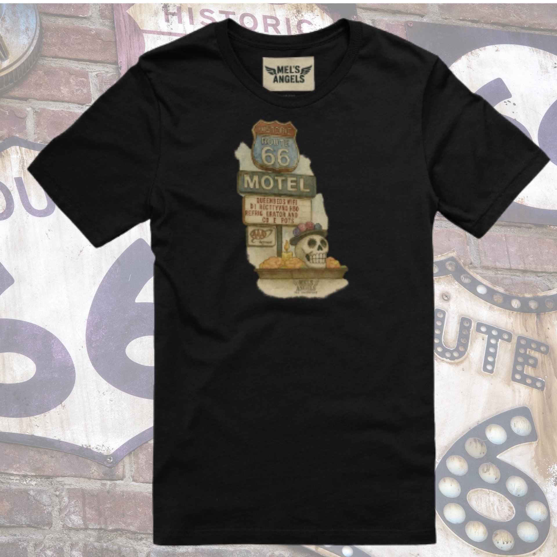 Route 66 Motel Skull T-Shirt – Vintage Día de los Muertos Inspired Graphic Tee | Bella Canvas Unisex product image (2)