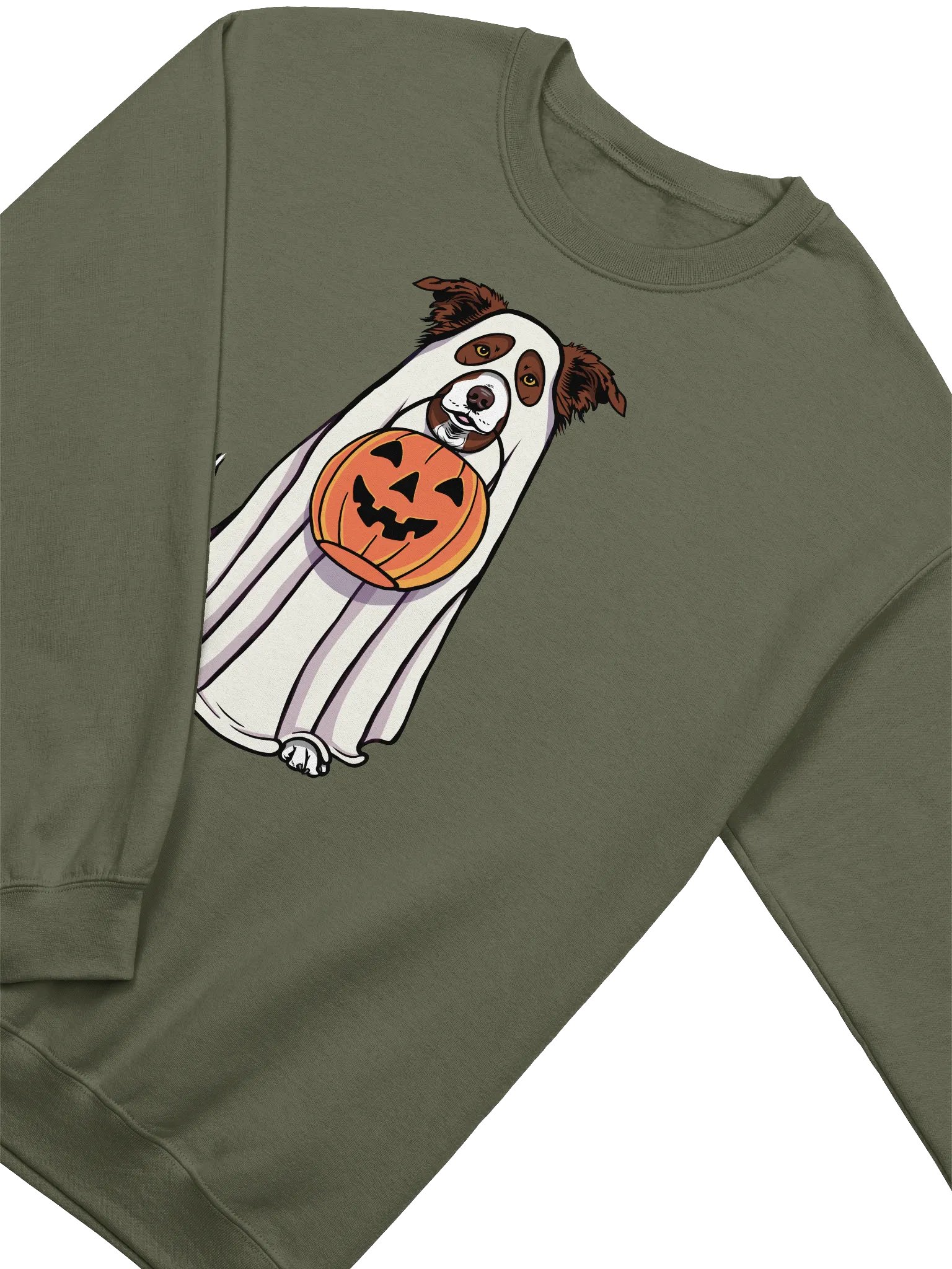 Funny Halloween Border Collie(Brown) Sweatshirt | Funny Border Collie Wearing a Ghost Costume and Holding a Pumpkin Basket product image (4)