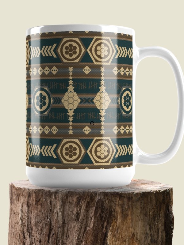Rustic Southwestern Pattern Board Game Mug, Brown Blue Yellow 15 oz large mug with Aztek pattern product image (1)