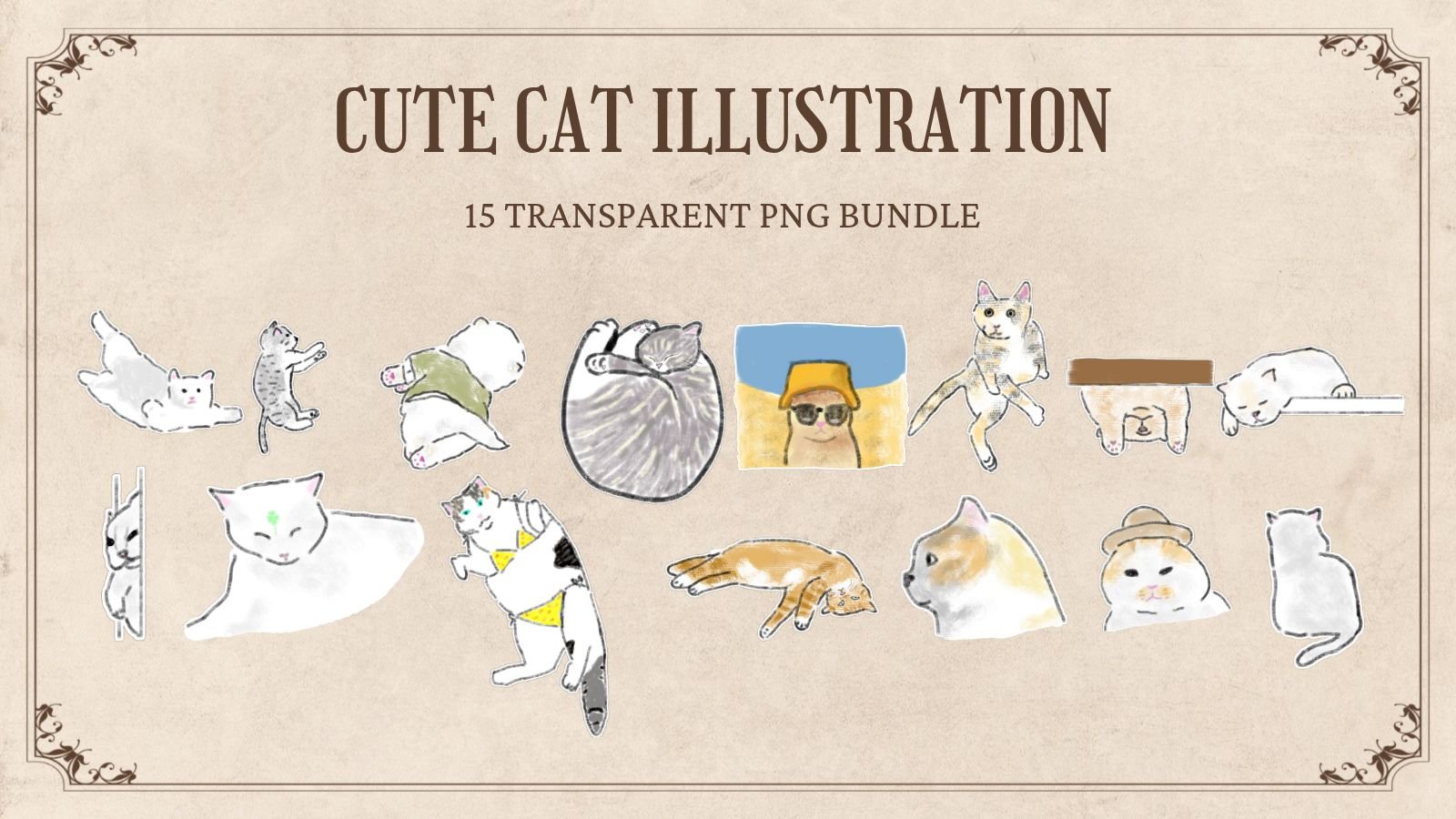15 Cute Hand-Drawn Cat PNG Clipart Bundle product image (1)