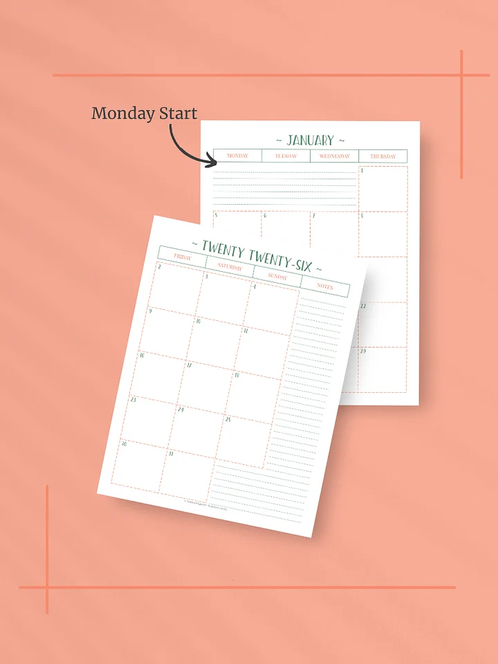 Peachy Green 2026 Calendar - 2 Pages per Month, Monday Start, Letter Size product image (2)