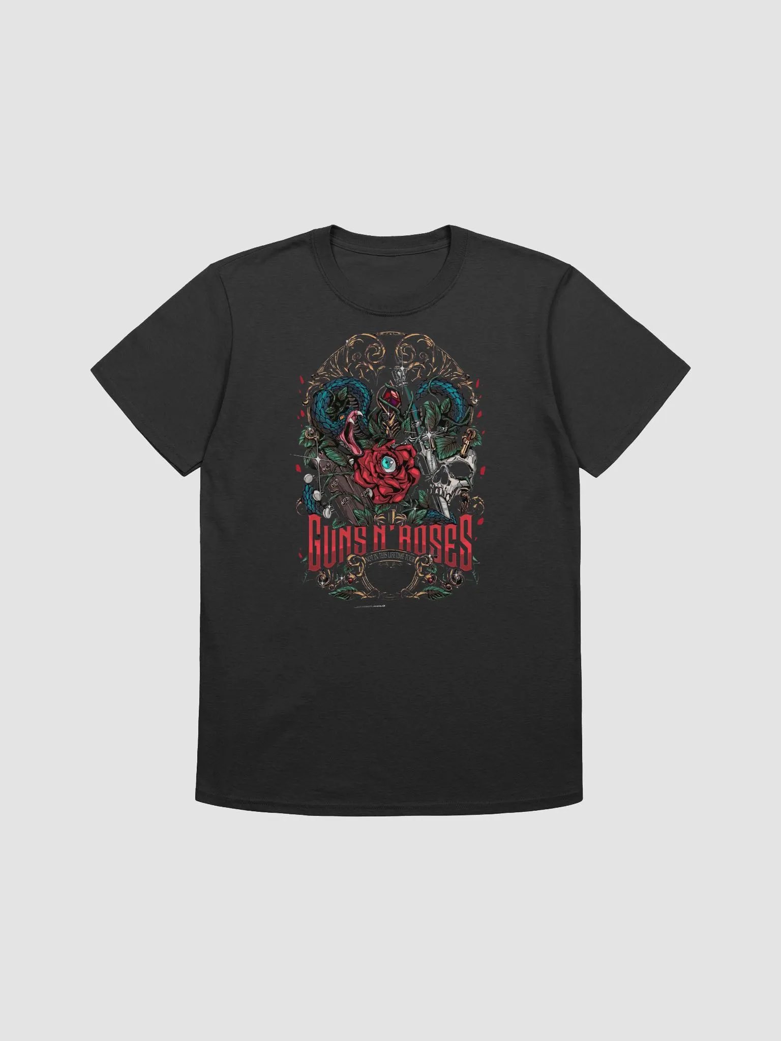 Guns N’ Roses Gothic Rose & Serpent T-Shirt | Ornate Skull Rock Graphic Tee | Classic Hard Rock Streetwear product image (1)
