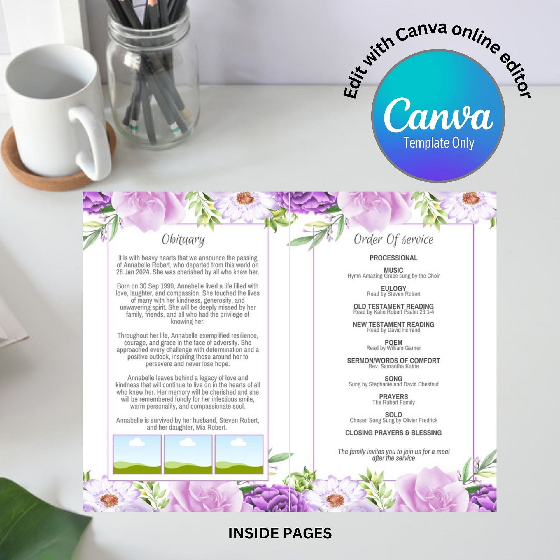 Purple Pink Flowers Funeral Program Canva Template product image (5)