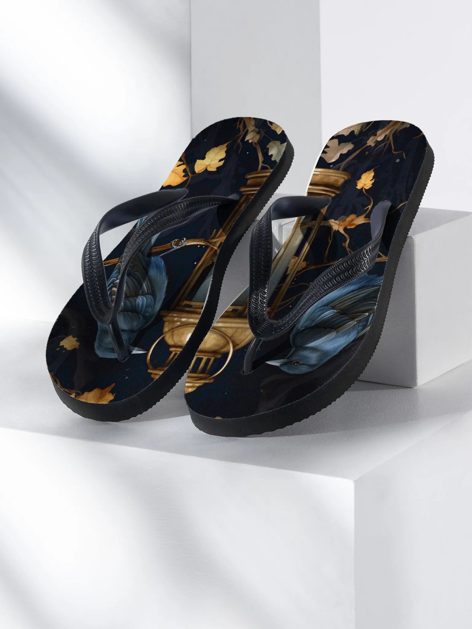 FLIP-FLOPS - Blue birds and yellow leaves in the dark 🍂🐦🌑 product image (1)