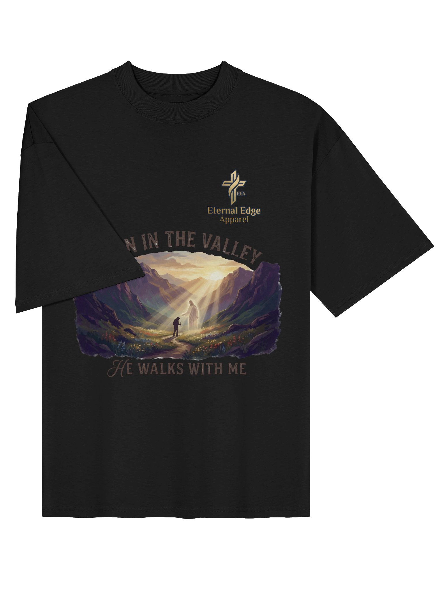 When the path is dark, He walks beside you. The Even In The Valley Christian t-shirt — Psalm 23 inspired. Shop Eternal Edge Apparel now. product image (13)