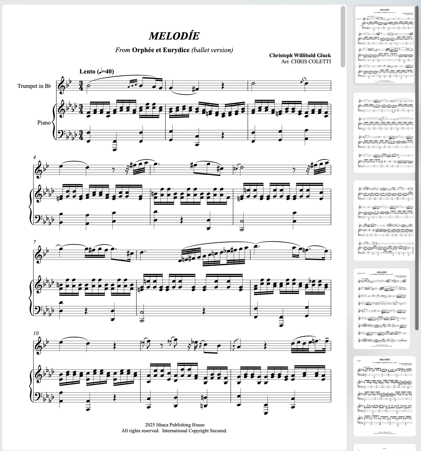 Gluck: "Melodie" from Orfeo ed Euridice for Trumpet and Piano product image (1)