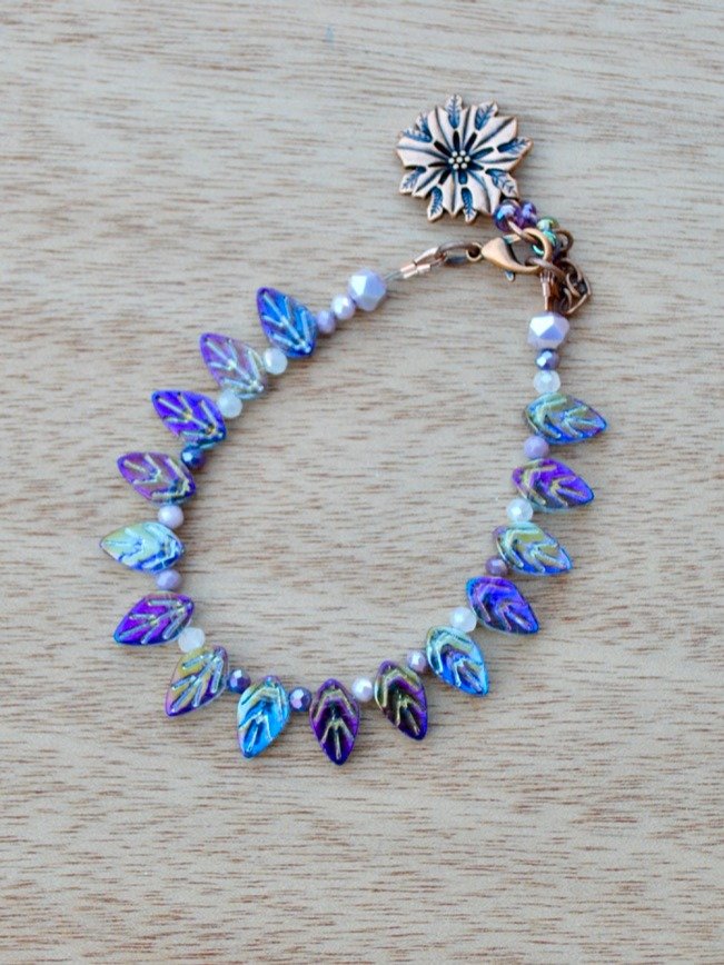 Iridescent Purple Leaf Bracelet With Copper Flower Charm and Extender Chain product image (1)