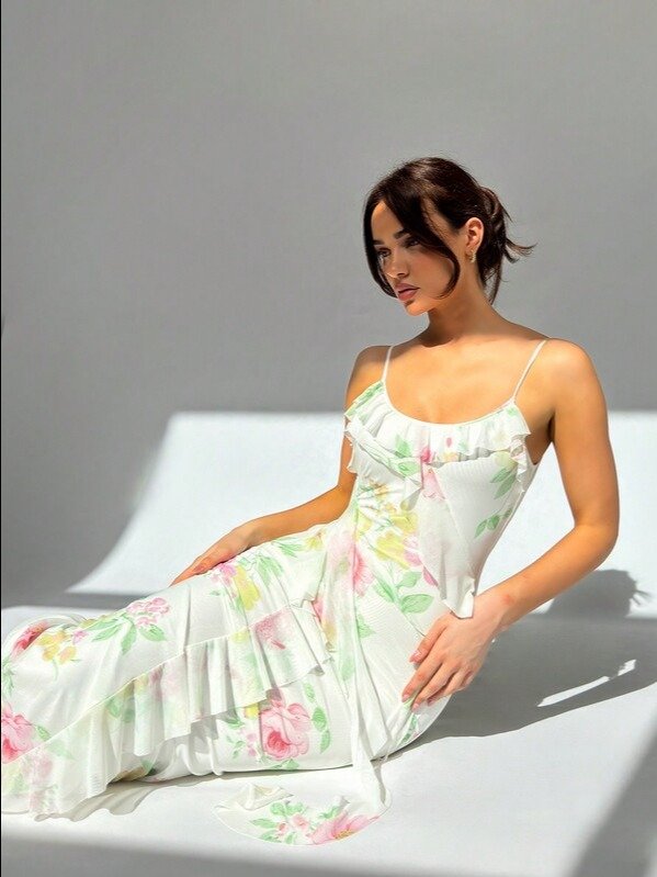 Floral Print Backless Spaghetti Strap Maxi Dress | Women's Elegant Ruffle High Waist Cami Dress for Holiday, Dating & Valentine's Day | ADLEST product image (3)