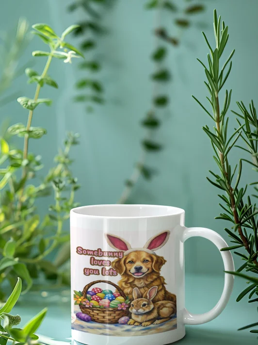 Easter Bunny & Golden Retriever Mug – Cute Easter Gift for Dog Lovers, Spring Coffee Cup with Original Illustration product image (8)