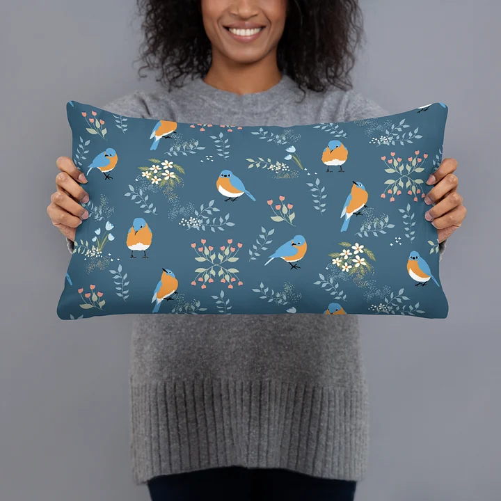 “Best of Both Worlds” Bluebirds & Flowers Pillow in Blue product image (1)