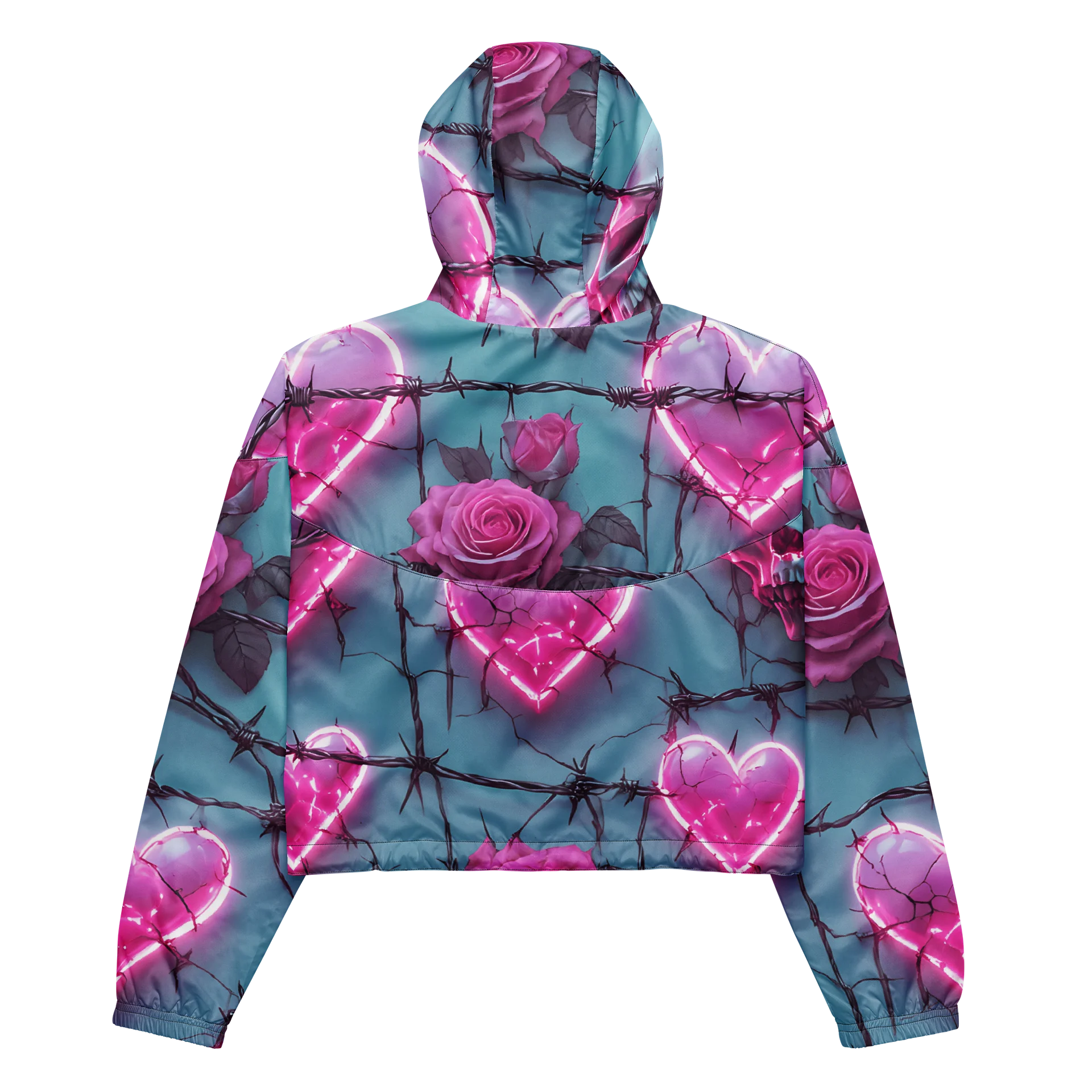 Neon Barbed Rose Heart Cropped Windbreaker - Glow Pink Shattered Hearts All-Over Print Women's Lightweight Jacket product image (5)